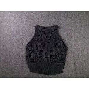Ann Taylor Tank Womens Petite SP Open Knit High Neck Cropped Black Ribbed Hem